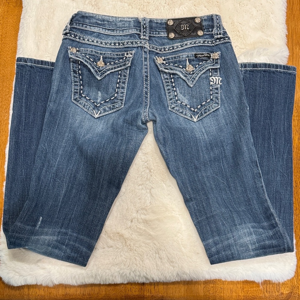 Miss Me Distressed Medium Blue Cropped Jeans with Embellished Back Pockets